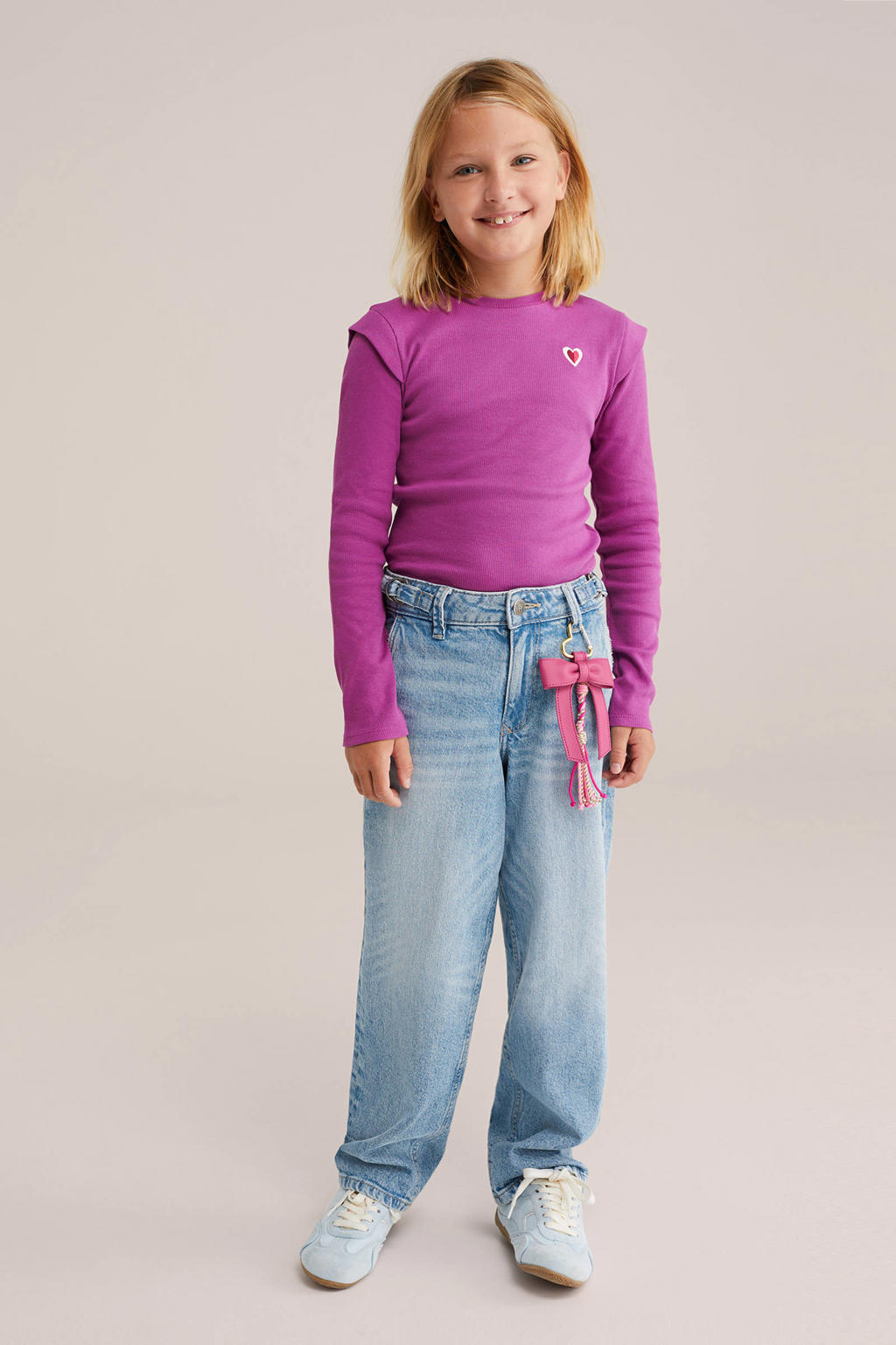 Paarse meisjes WE Fashion longsleeve rib gebreid van stretchkatoen met effen, lange mouwen en ronde hals