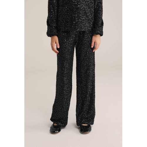 WE Fashion straight casual broek zwart Meisjes Polyester Effen - maat 170/176 - glitter - pailletten afbeelding