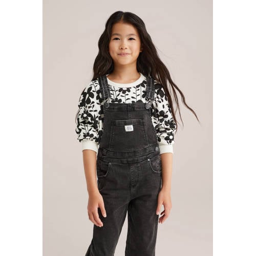 WE Fashion Blue Ridge denim loose tuinbroek black denim Zwart Meisjes Stretchdenim Vierkante hals