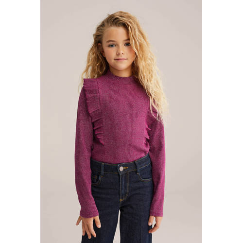 WE Fashion gebreide trui met glitter Meisjes Stretchkatoen Ronde hals Effen - maat 134/140 afbeelding