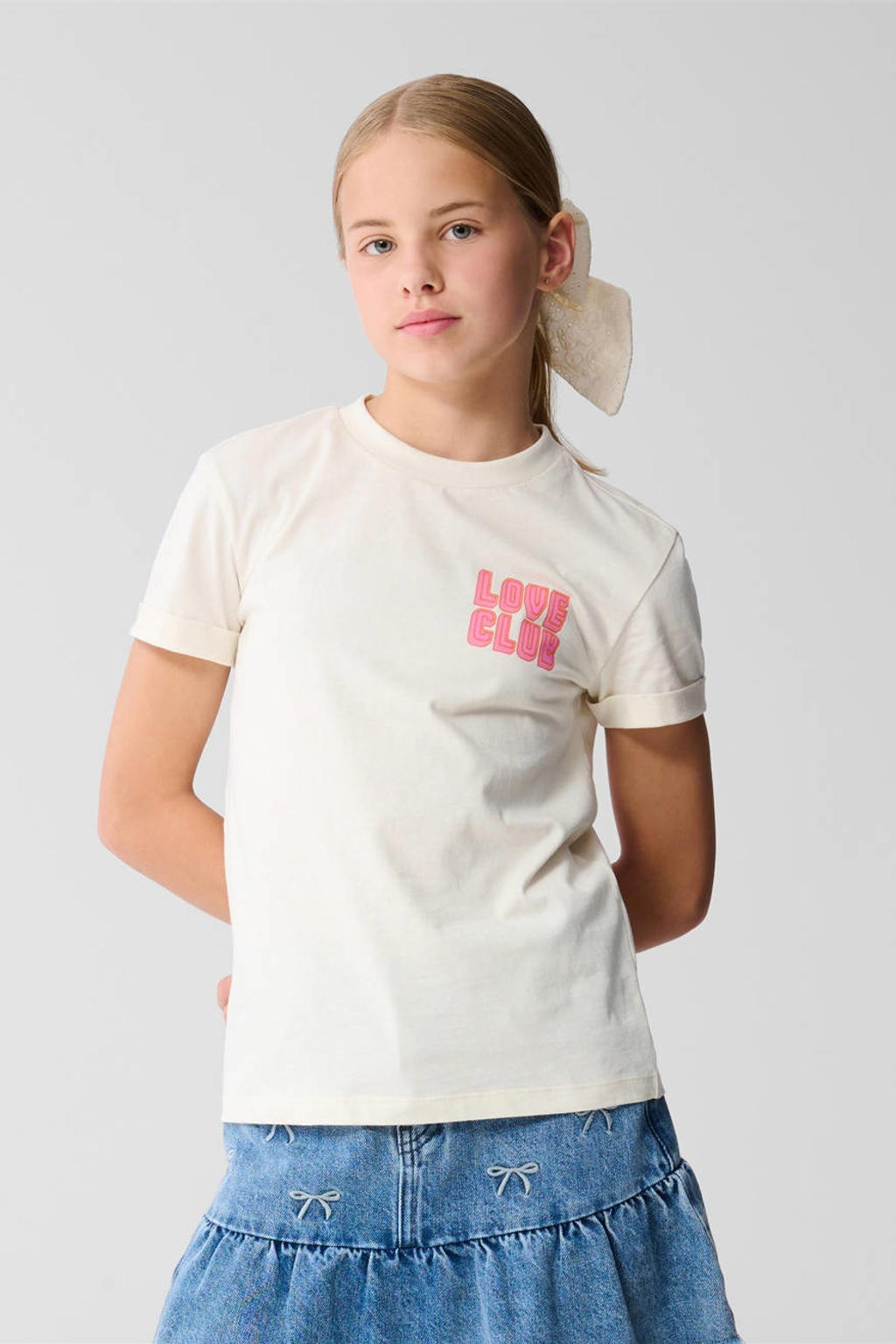 Ecru, roze en oranje meisjes Shoeby T-shirt van katoen met backprint, korte mouwen en ronde hals