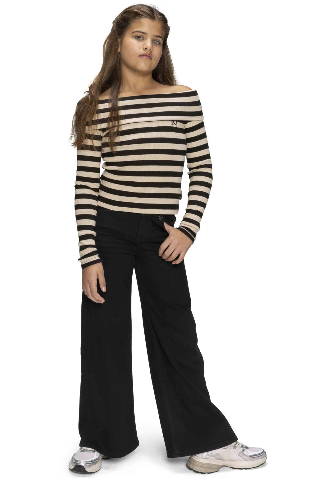 Zwarte meisjes Retour Jeans wide leg jeans van stretchdenim met rits- en knoopsluiting en effen