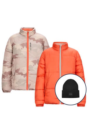 reversible jas beige/oranje + muts