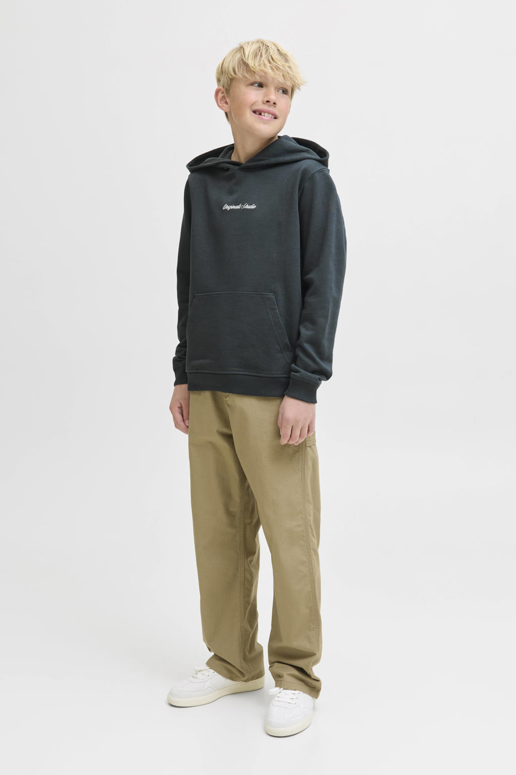 Donkergroene jongens JACK & JONES JUNIOR hoodie van sweat materiaal met tekst print, lange mouwen en capuchon