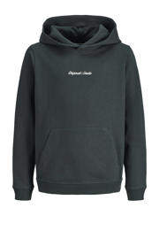 thumbnail: Donkergroene jongens JACK & JONES JUNIOR hoodie van sweat materiaal met tekst print, lange mouwen en capuchon