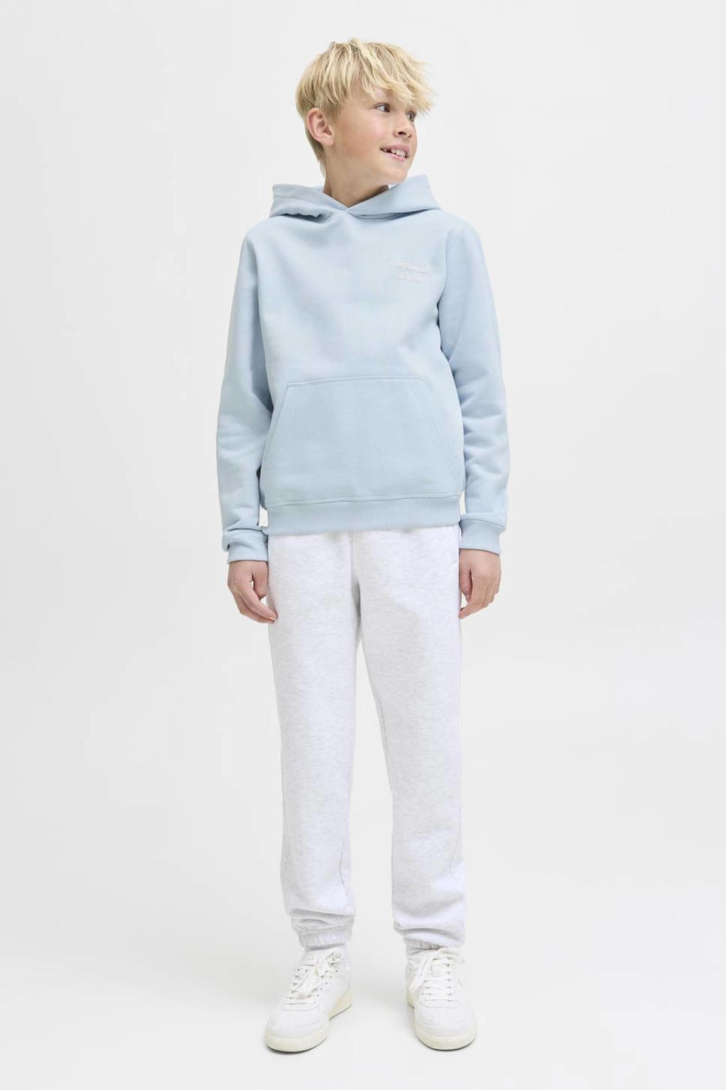 Lichtblauwe jongens JACK & JONES JUNIOR hoodie van sweat materiaal met backprint, lange mouwen en capuchon