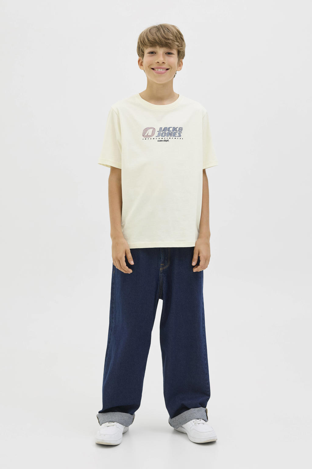 Ecru jongens JACK & JONES JUNIOR T-shirt van katoen met logo dessin, korte mouwen en ronde hals