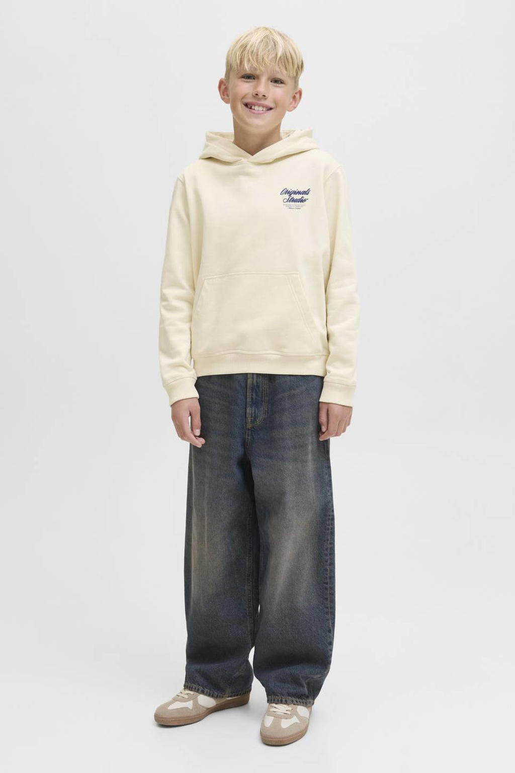 Ecru jongens JACK & JONES JUNIOR hoodie van sweat materiaal met backprint, lange mouwen en capuchon