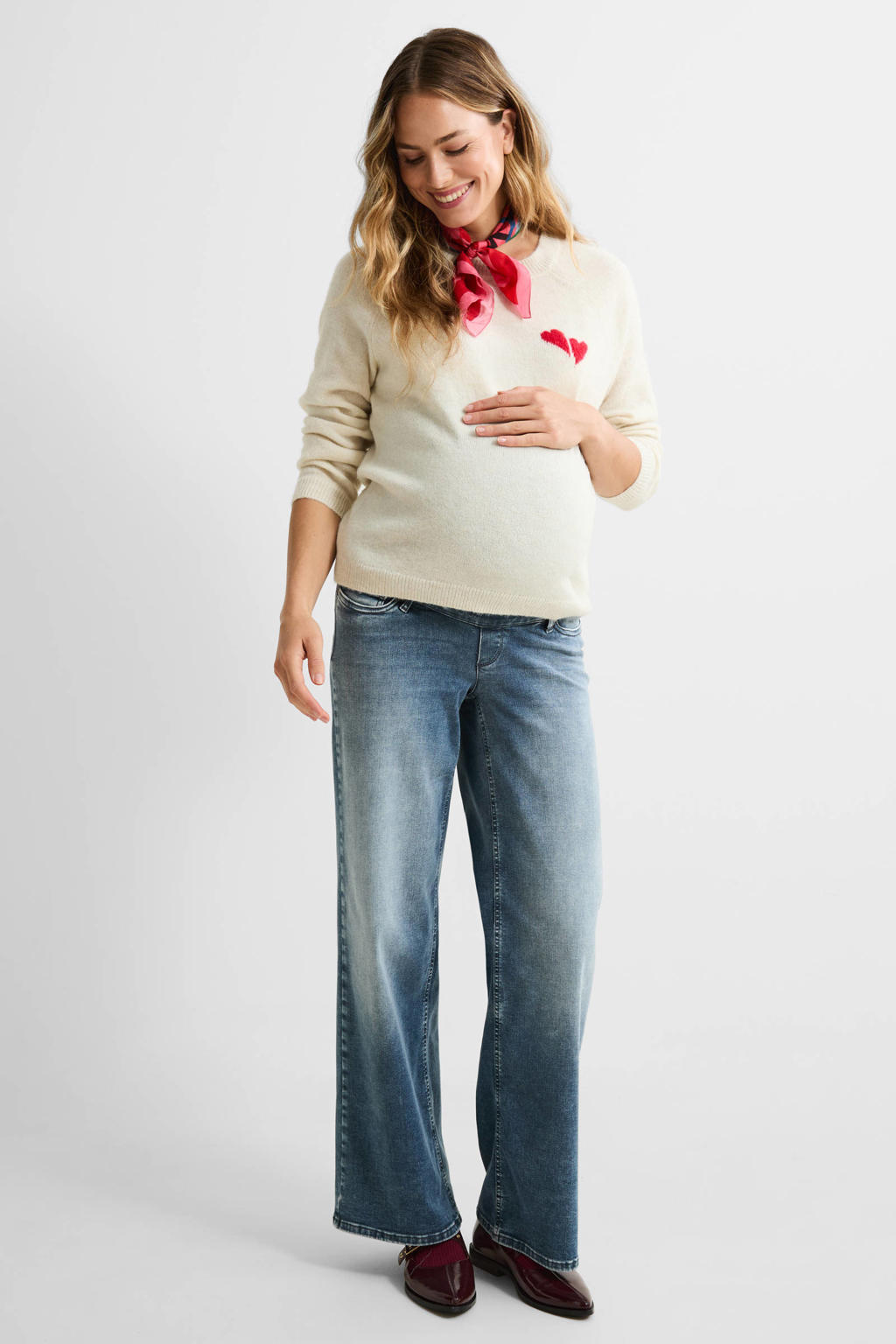 Medium blue denim dames ONLY MATERNITY high waist zwangerschaps wide leg jeans van stretchdenim met rits- en knoopsluiting en effen