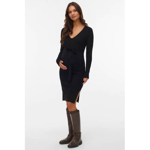VERO MODA MATERNITY zwangerschaps midi jurk zwart Dames Viscose V-hals - maat XS afbeelding
