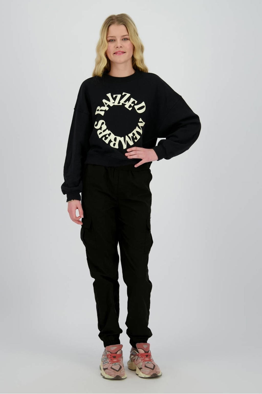 Zwarte meisjes Raizzed sweater van katoen met printopdruk, lange mouwen, ronde hals en geribde boorden