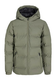 thumbnail: Olijfgroene jongens JACK & JONES JUNIOR gewatteerde jas van polyester met effen, lange mouwen, capuchon, ritssluiting en coating