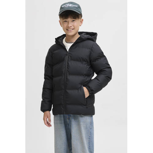 JACK & JONES JUNIOR gewatteerde jas zwart Jongens Polyester Capuchon Effen