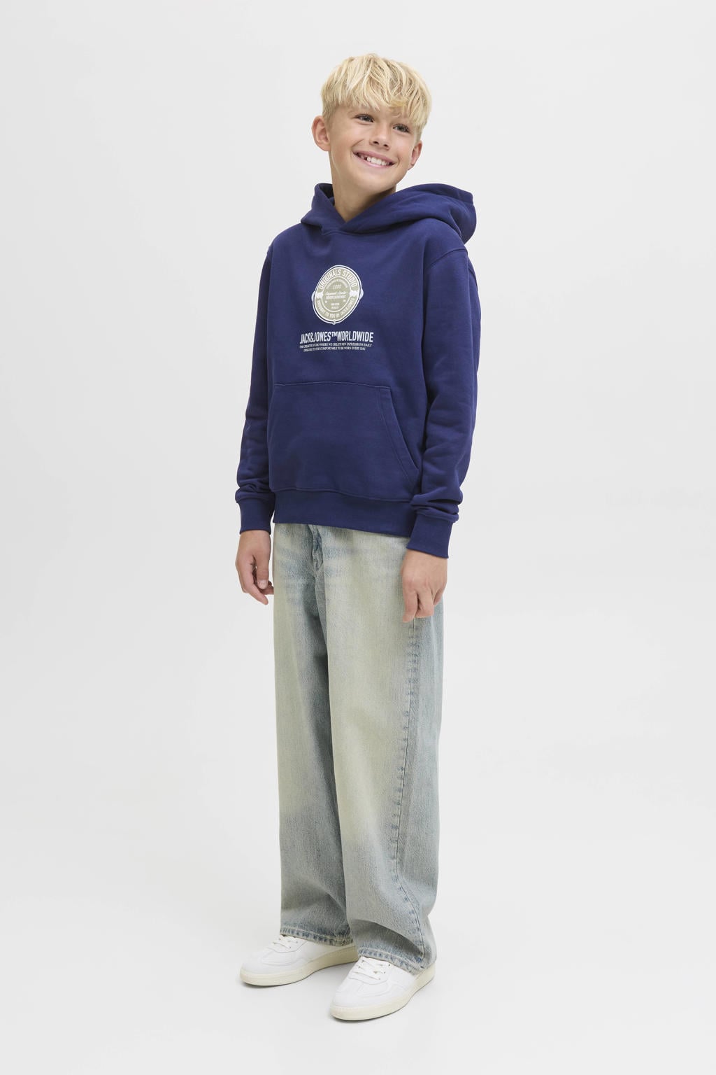 Donkerblauwe jongens JACK & JONES JUNIOR hoodie van sweat materiaal met printopdruk, lange mouwen en capuchon