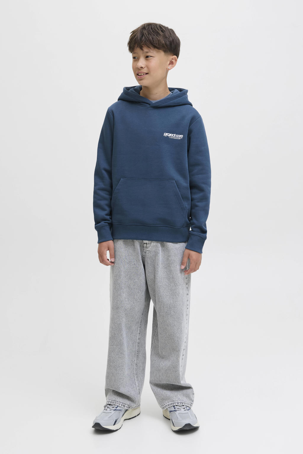 Blauwe jongens JACK & JONES JUNIOR hoodie van sweat materiaal met backprint, lange mouwen en capuchon
