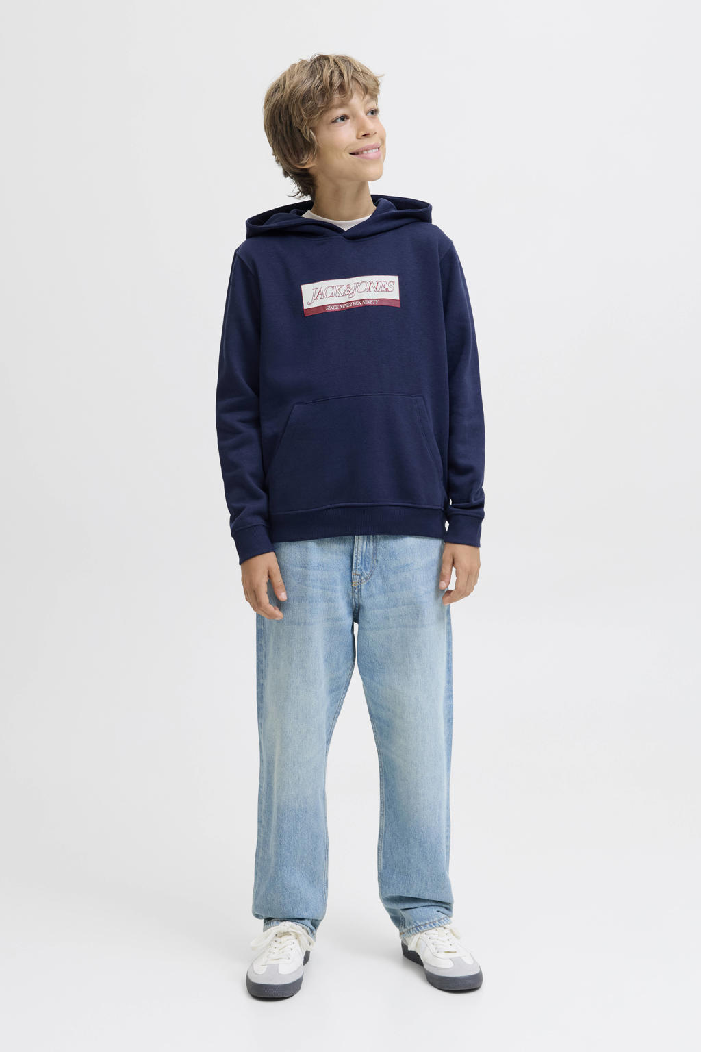 Blauwe jongens JACK & JONES JUNIOR hoodie van sweat materiaal met logo dessin, lange mouwen en capuchon