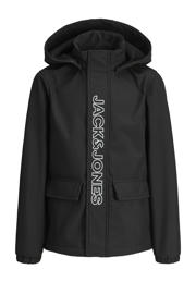 thumbnail: Zwarte jongens JACK & JONES JUNIOR softshell jas met logo dessin, lange mouwen, capuchon en rits- en drukknoopsluiting