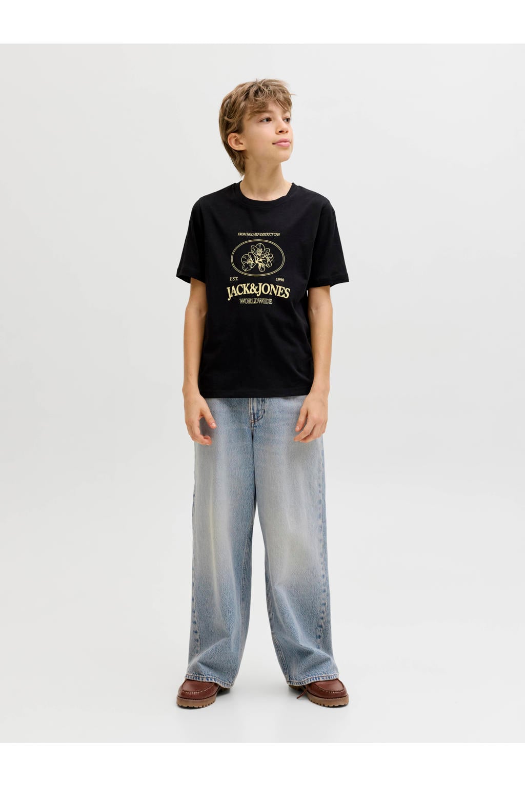 Light blue denim jongens JACK & JONES JUNIOR high waist wide leg jeans van denim met rits- en knoopsluiting en effen