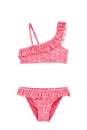 one shoulder bikini met ruches roze