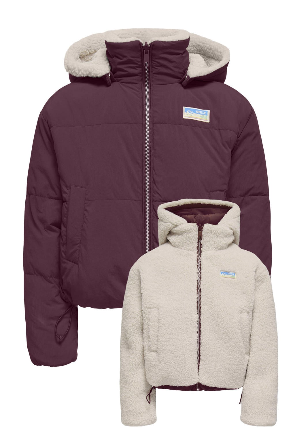 Donkerrood en ecru meisjes KIDS ONLY GIRL reversible gewatteerde winterjas van teddy materiaal met effen, lange mouwen, capuchon en ritssluiting