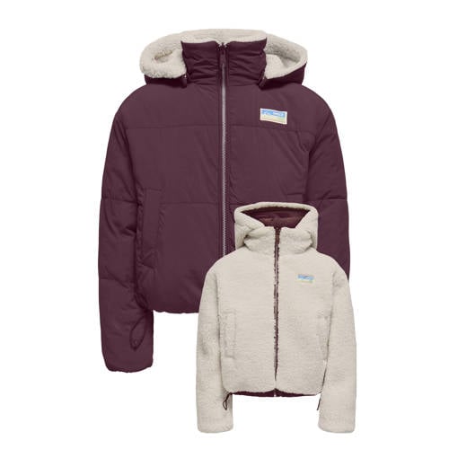 KIDS ONLY GIRL reversible gewatteerde winterjas donkerrood/ecru Meisjes Teddy Capuchon - maat 116 afbeelding
