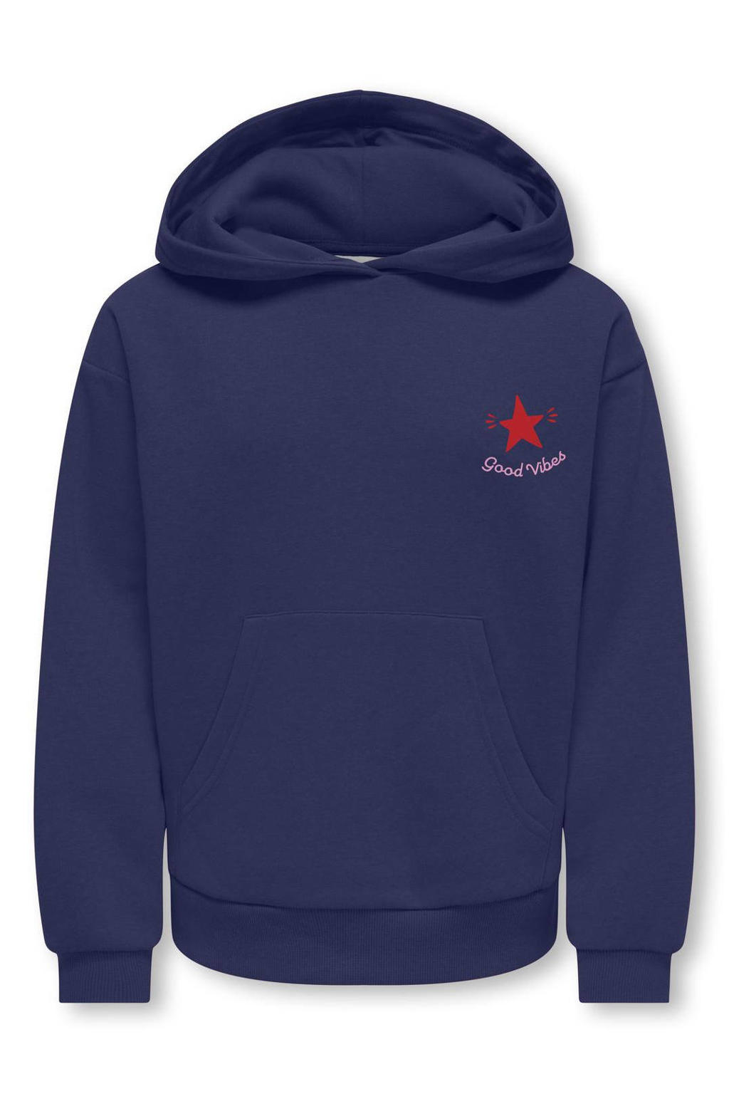 Donkerblauwe meisjes KIDS ONLY GIRL hoodie van sweat materiaal met backprint, lange mouwen en capuchon