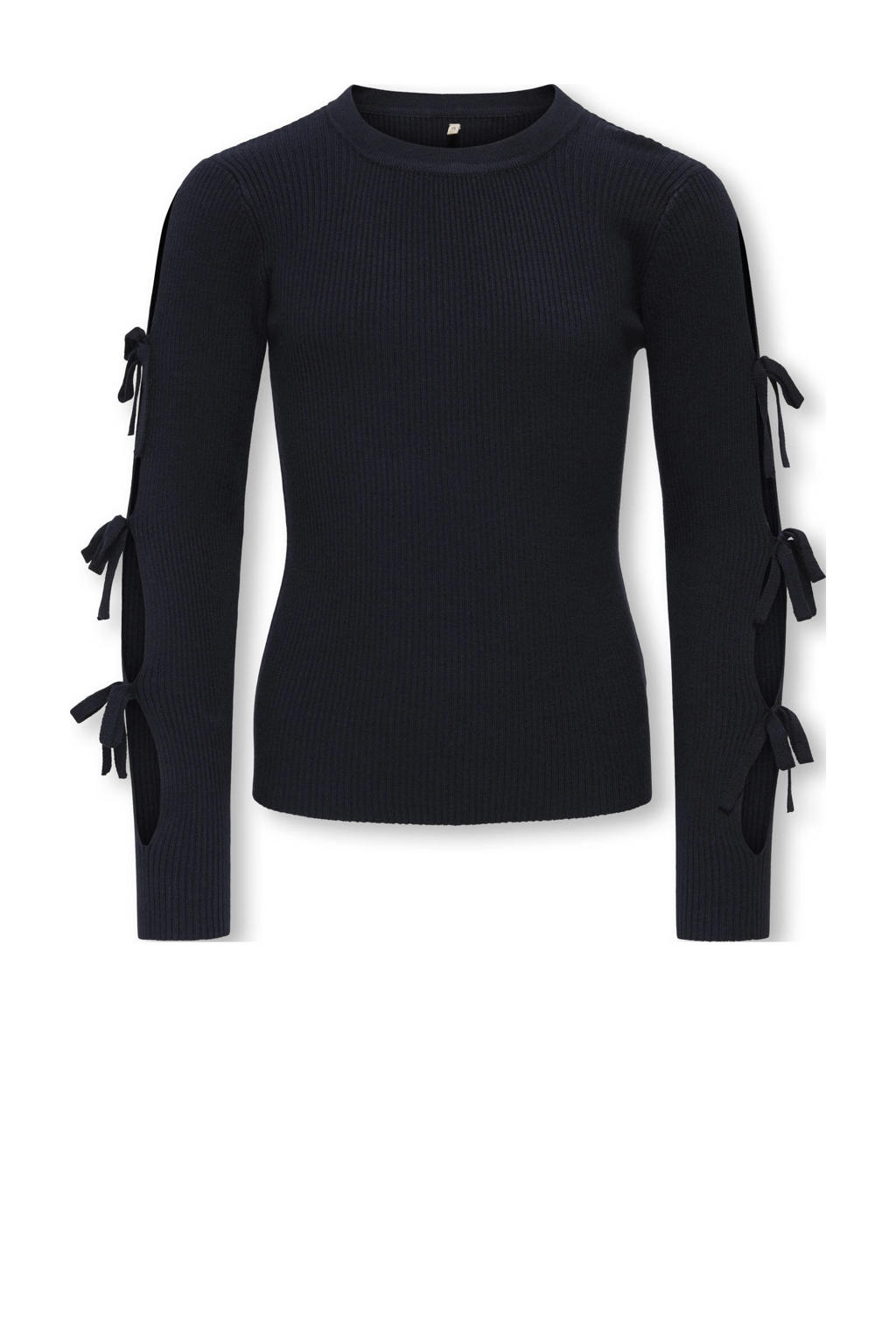 Donkerblauwe meisjes KIDS ONLY GIRL trui rib gebreid van viscose met effen, lange mouwen en ronde hals