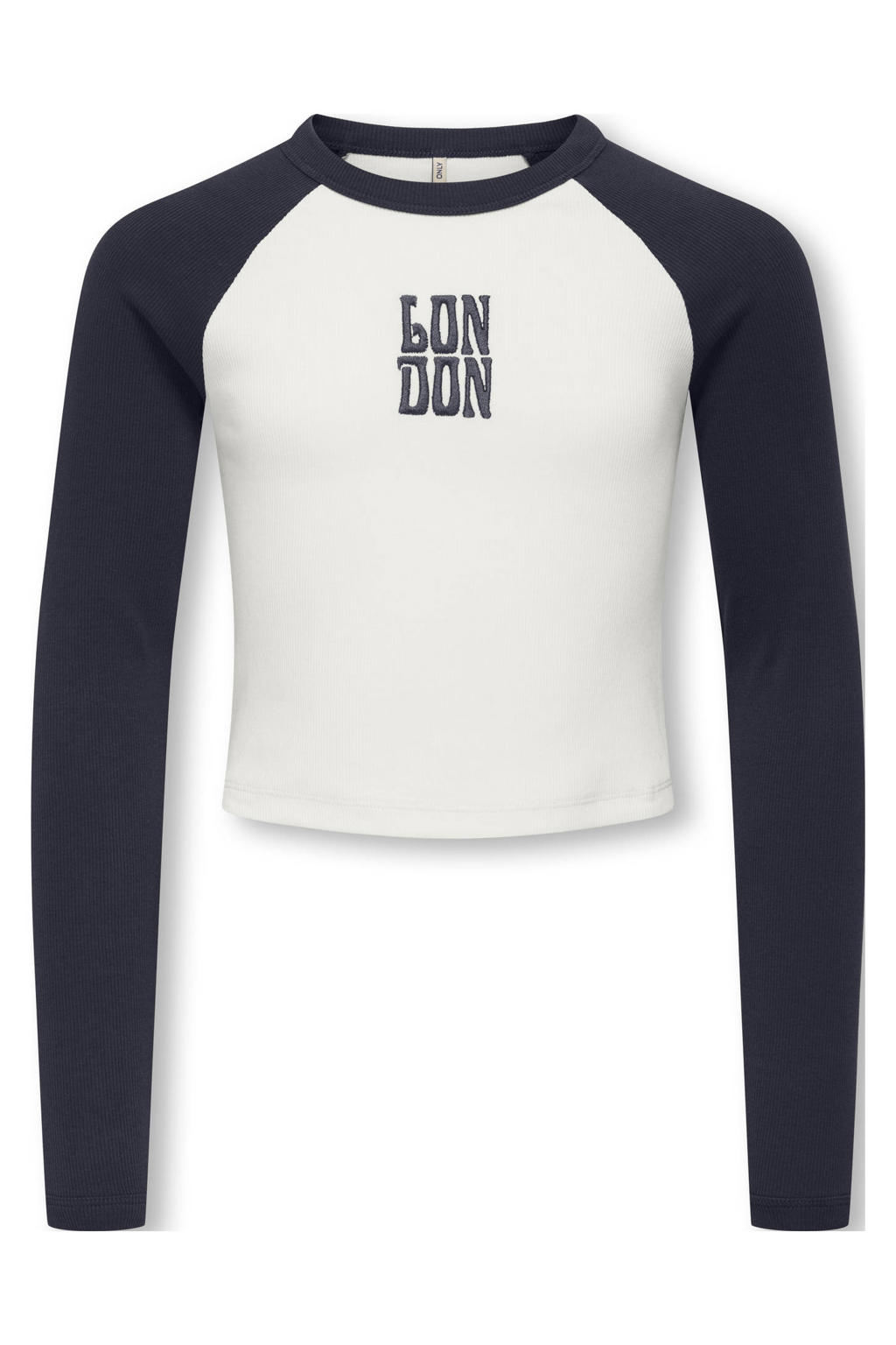 Donkerblauw en witte meisjes KIDS ONLY GIRL longsleeve van stretchkatoen met meerkleurige print, lange mouwen en ronde hals