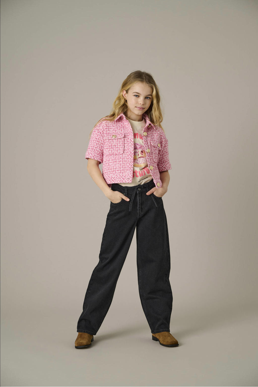 Black denim meisjes KIDS ONLY GIRL straight leg jeans black van denim met rits- en knoopsluiting en effen