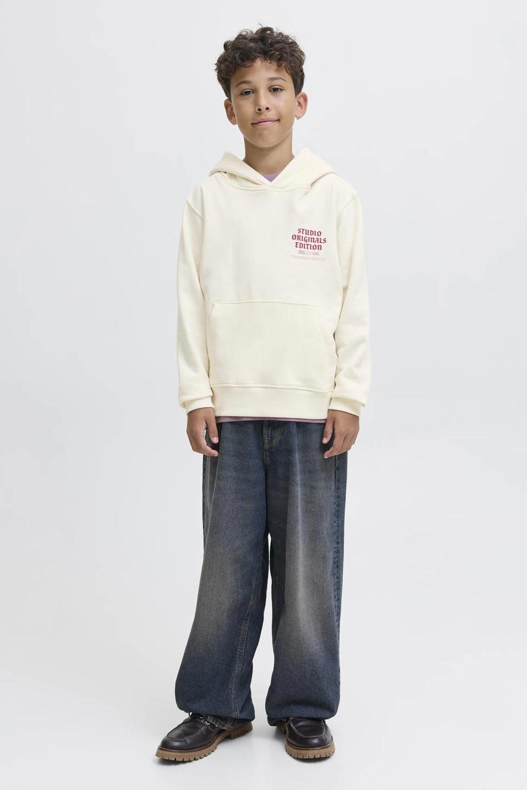 Witte jongens JACK & JONES JUNIOR hoodie van sweat materiaal met backprint, lange mouwen en capuchon