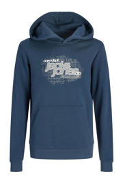 thumbnail: Blauwe jongens JACK & JONES JUNIOR hoodie van sweat materiaal met logo dessin, lange mouwen en capuchon