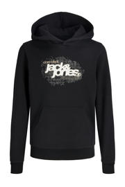 thumbnail: Zwarte jongens JACK & JONES JUNIOR hoodie van sweat materiaal met logo dessin, lange mouwen en capuchon