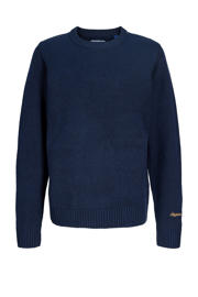 thumbnail: Donkerblauwe jongens JACK & JONES JUNIOR pullover van sweat materiaal met effen, lange mouwen, ronde hals en geribde boorden
