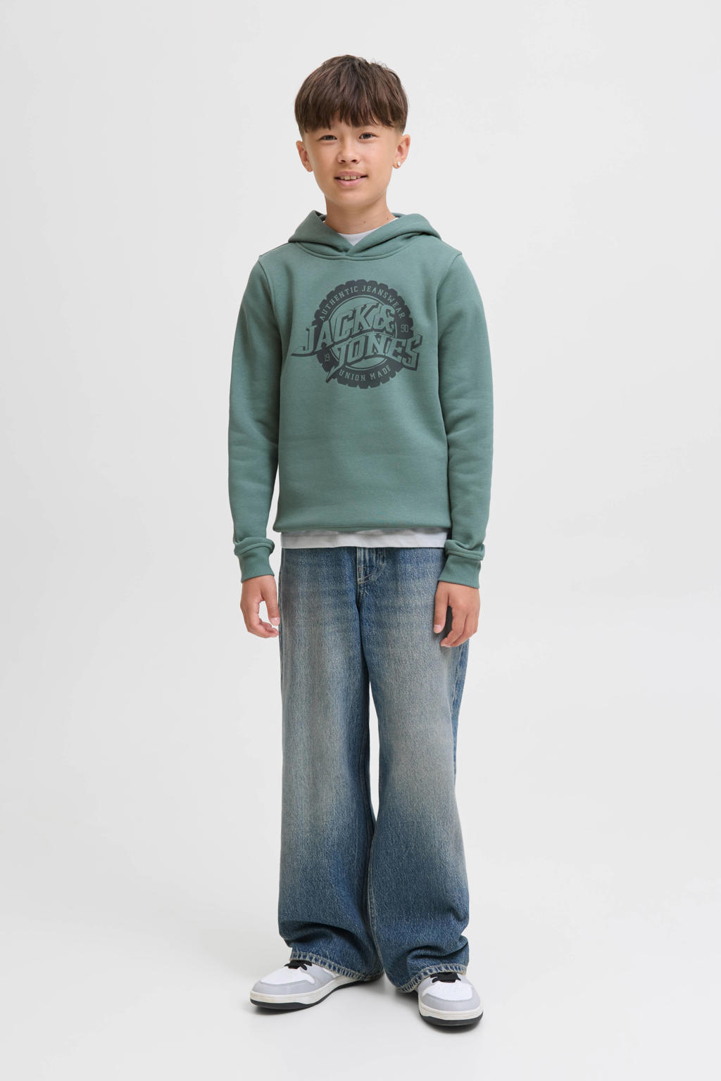 Groene jongens JACK & JONES JUNIOR hoodie van sweat materiaal met logo dessin, lange mouwen en capuchon