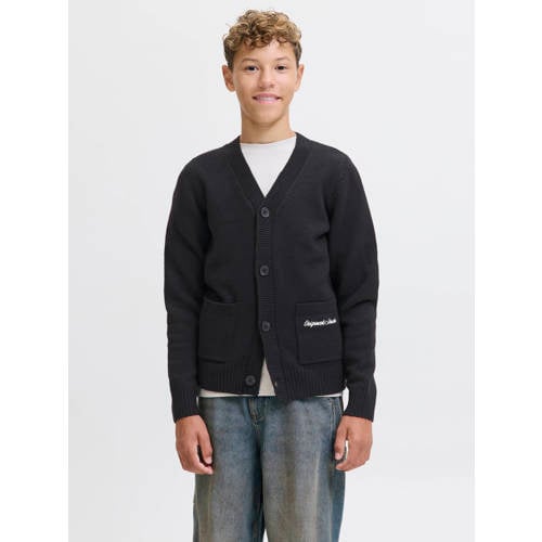 JACK & JONES JUNIOR vest zwart fijn gebreid Jongens Katoen Ronde hals Effen