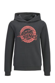 thumbnail: Zwarte jongens JACK & JONES JUNIOR hoodie van sweat materiaal met logo dessin, lange mouwen en capuchon