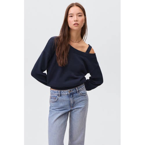MANGO TEEN trui marineblauw fijn gebreid Meisjes Katoen One shoulder Effen - maat 158(XS) afbeelding