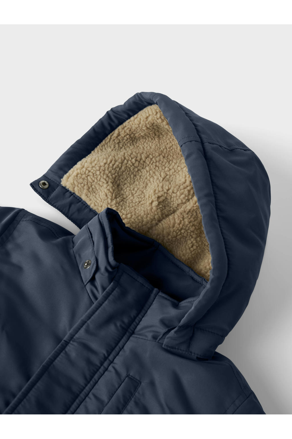 Donkerblauwe jongens NAME IT MINI parka van polyester met effen, lange mouwen, capuchon, rits- en drukknoopsluiting en reflecterende details