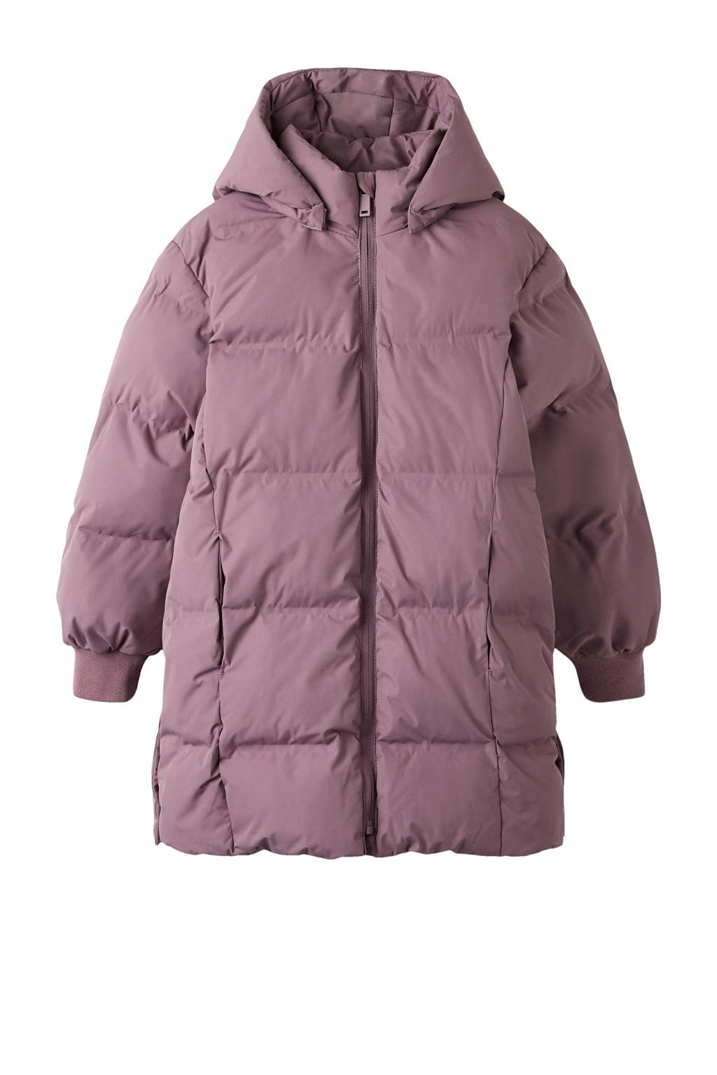 Paarse meisjes NAME IT KIDS gewatteerde jas van polyester met effen, lange mouwen, capuchon, ritssluiting en reflecterende details