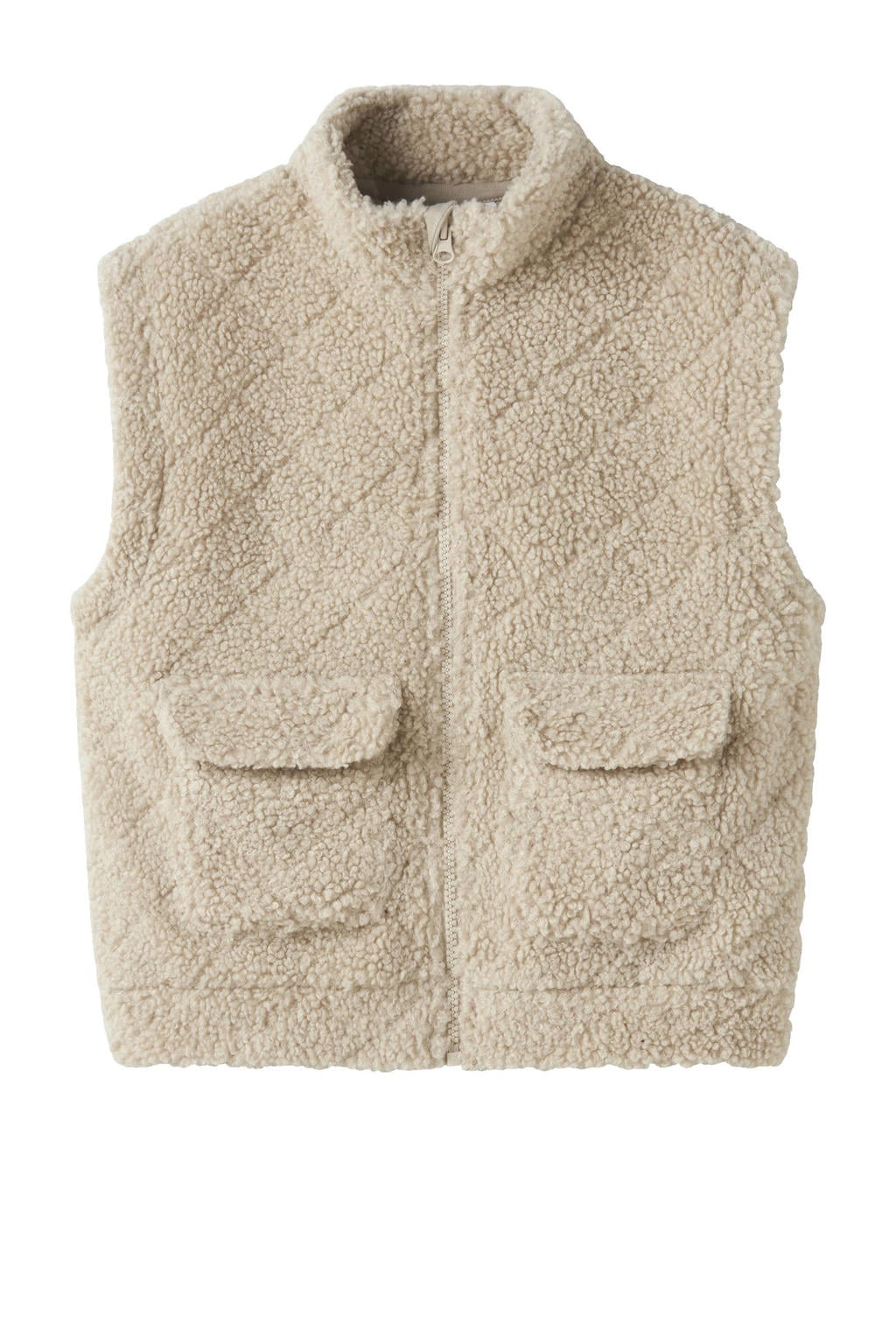 Beige meisjes NAME IT KIDS teddy gilet met effen, opstaande kraag en ritssluiting