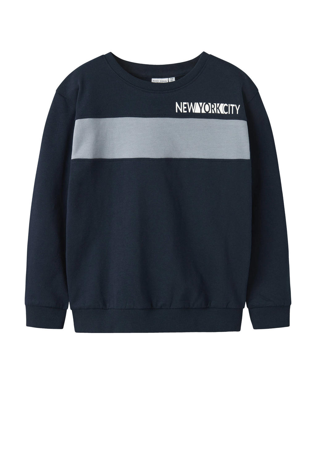 Donkerblauwe jongens NAME IT KIDS sweater met printopdruk, lange mouwen en ronde hals