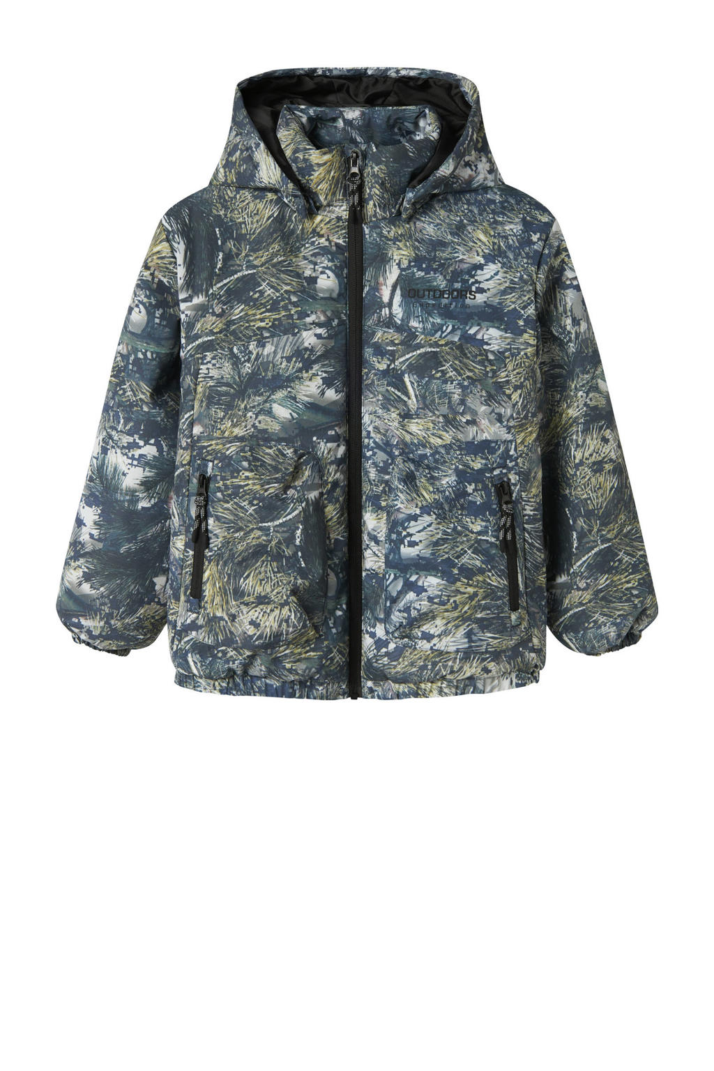 Blauw, groen en grijze jongens NAME IT KIDS gewatteerde jas van polyester met lange mouwen, capuchon en ritssluiting