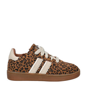 suède sneakers met panterprint cognac