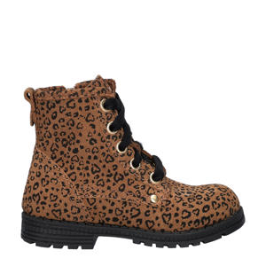  suède veterboots met panterprint cognac
