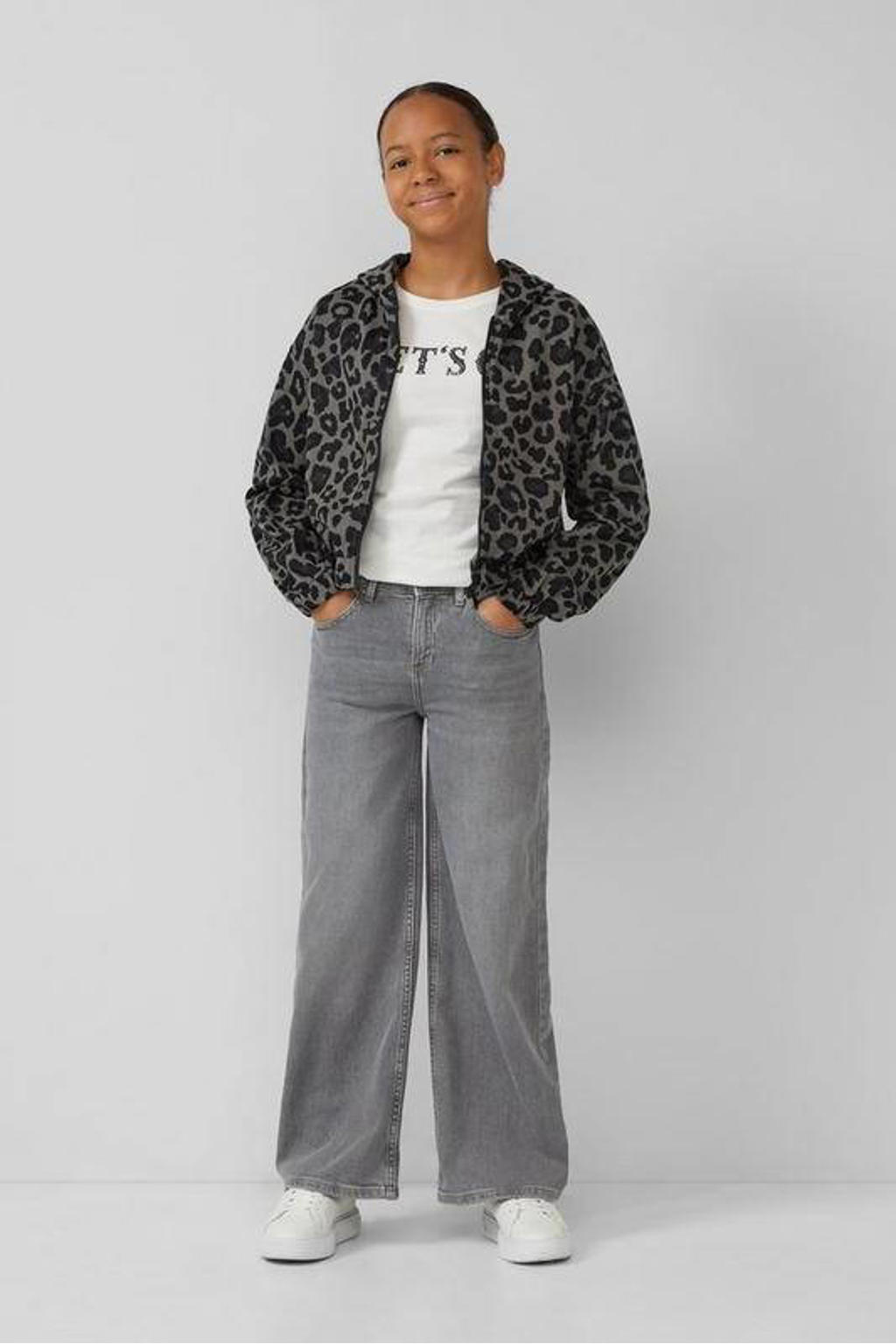 Grey denim meisjes s.Oliver high waist wide leg jeans van stretchdenim met slim fit, rits- en knoopsluiting en effen