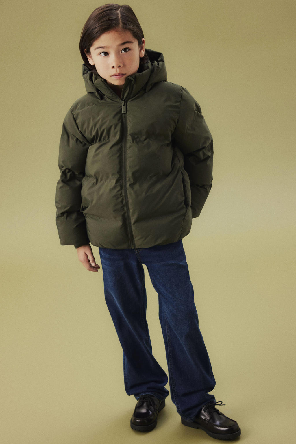 Donkergroene jongens en meisjes NAME IT KIDS gewatteerde jas van polyester met effen, lange mouwen, capuchon, ritssluiting en reflecterende details