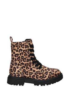   veterboots met panterprint cognac/zwart