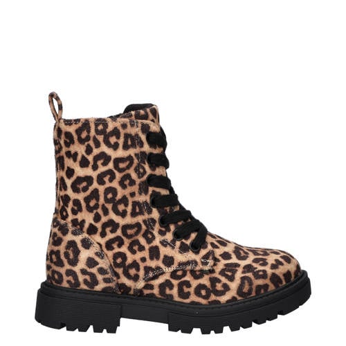 Nelson Kids veterboots met panterprint cognac/zwart Bruin Meisjes Imitatiesuède - maat 30 afbeelding