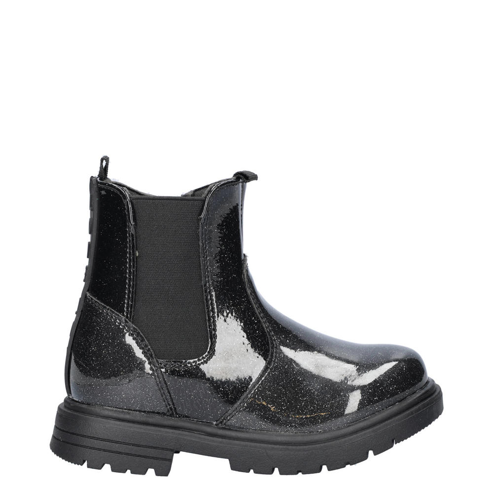 Zwarte meisjes Nelson Kids lak chelsea boots met glitters met ritssluiting