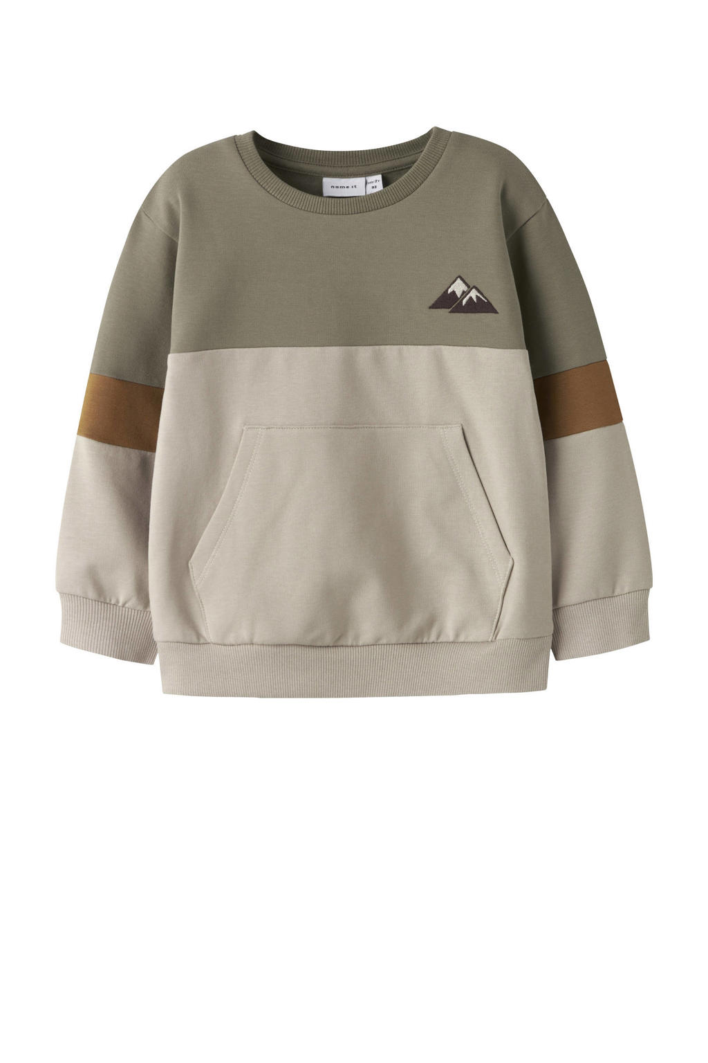Groen, beige en bruine jongens NAME IT MINI sweater met meerkleurige print, lange mouwen, ronde hals en geribde boorden